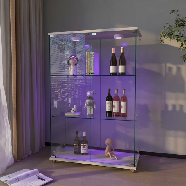 Alt view image 3 of 7 - Modern Glass Display Cabinet with LED lights, Quick-assembly Antique Cabinet, Tempered Glass Bookshelf, Suitable for Living Room and Bedrooms, 2-door 3-shelf, Transparent+White (Old Sku:W241P242928)