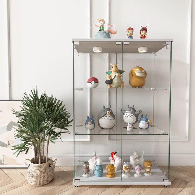 Alt view image 4 of 7 - Modern Glass Display Cabinet with LED lights, Quick-assembly Antique Cabinet, Tempered Glass Bookshelf, Suitable for Living Room and Bedrooms, 2-door 3-shelf, Transparent+White (Old Sku:W241P242928)