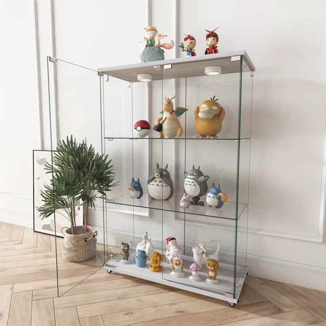 Alt view image 6 of 7 - Modern Glass Display Cabinet with LED lights, Quick-assembly Antique Cabinet, Tempered Glass Bookshelf, Suitable for Living Room and Bedrooms, 2-door 3-shelf, Transparent+White (Old Sku:W241P242928)