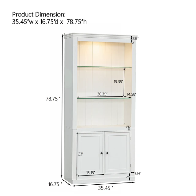 Alt view image 2 of 7 - 78.75''H 4-Tier Display Shelf, with 5-Colors Dimmable Ceiling Light, Freestanding Farmhouse Bookcases with Storage & Doors, Bookshelf with Adjustable Glass Shelves for Home & Office - White