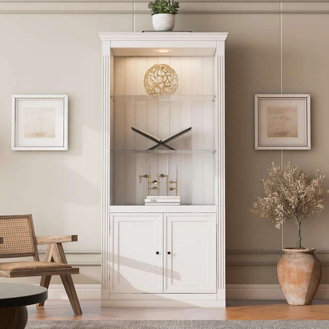 Main image of 78.75''H 4-Tier Display Shelf, with 5-Colors Dimmable Ceiling Light, Freestanding Farmhouse Bookcases with Storage & Doors, Bookshelf with Adjustable Glass Shelves for Home & Office - White