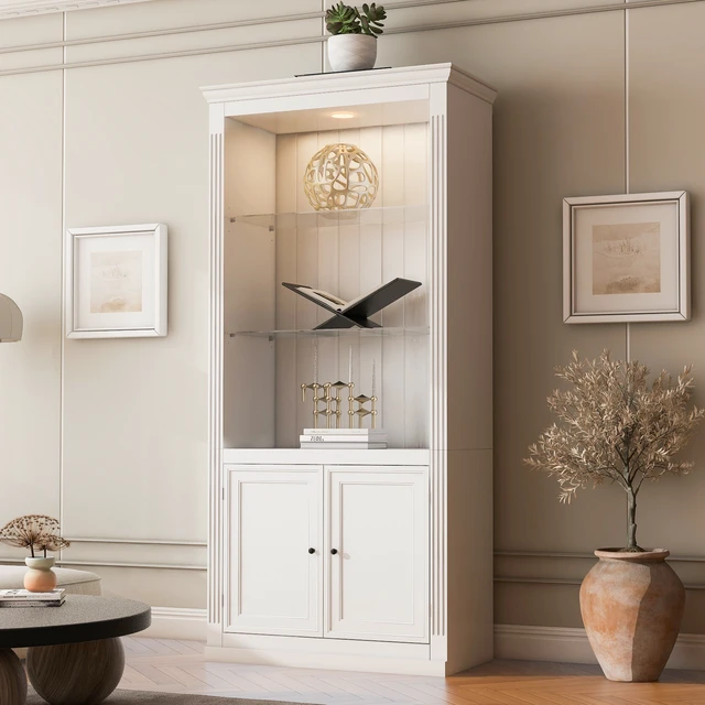 Alt view image 4 of 7 - 78.75''H 4-Tier Display Shelf, with 5-Colors Dimmable Ceiling Light, Freestanding Farmhouse Bookcases with Storage & Doors, Bookshelf with Adjustable Glass Shelves for Home & Office - White