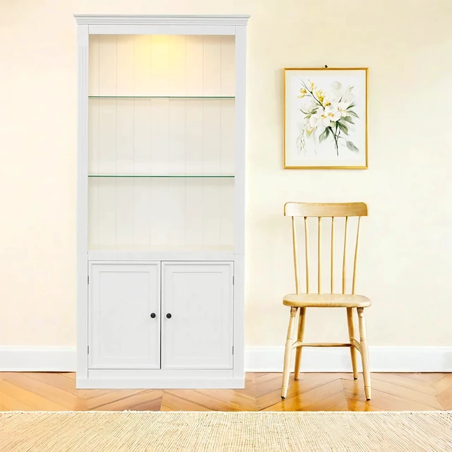Alt view image 6 of 7 - 78.75''H 4-Tier Display Shelf, with 5-Colors Dimmable Ceiling Light, Freestanding Farmhouse Bookcases with Storage & Doors, Bookshelf with Adjustable Glass Shelves for Home & Office - White