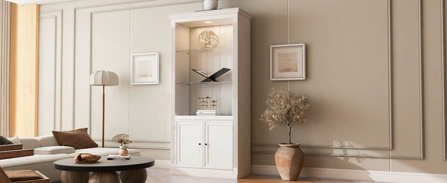 Alt view image 7 of 7 - 78.75''H 4-Tier Display Shelf, with 5-Colors Dimmable Ceiling Light, Freestanding Farmhouse Bookcases with Storage & Doors, Bookshelf with Adjustable Glass Shelves for Home & Office - White