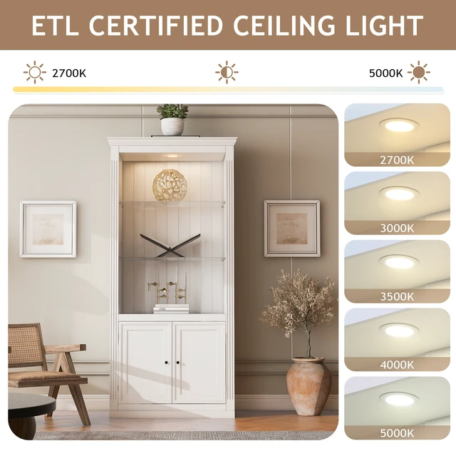Alt view image 3 of 7 - 78.75''H 4-Tier Display Shelf, with 5-Colors Dimmable Ceiling Light, Freestanding Farmhouse Bookcases with Storage & Doors, Bookshelf with Adjustable Glass Shelves for Home & Office - White