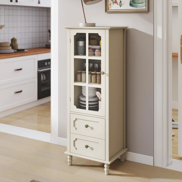 Main image of Minimalism Buffet Cabinet with Glass Doors and Double Drawer, Modern Wooden Storage Sideboard Cupboard for Living room, Dining Room Hallway Entryway (Creamy White)