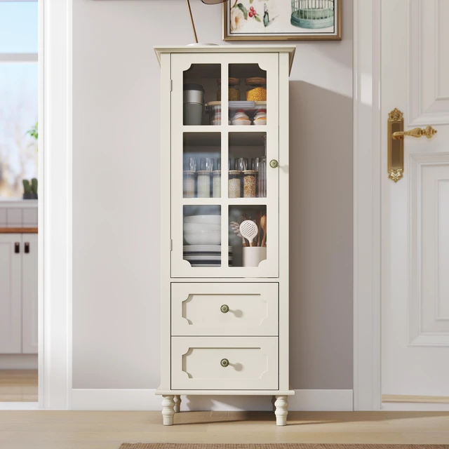 Alt view image 3 of 7 - Minimalism Buffet Cabinet with Glass Doors and Double Drawer, Modern Wooden Storage Sideboard Cupboard for Living room, Dining Room Hallway Entryway (Creamy White)