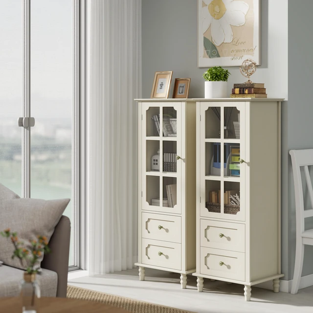 Alt view image 4 of 7 - Minimalism Buffet Cabinet with Glass Doors and Double Drawer, Modern Wooden Storage Sideboard Cupboard for Living room, Dining Room Hallway Entryway (Creamy White)