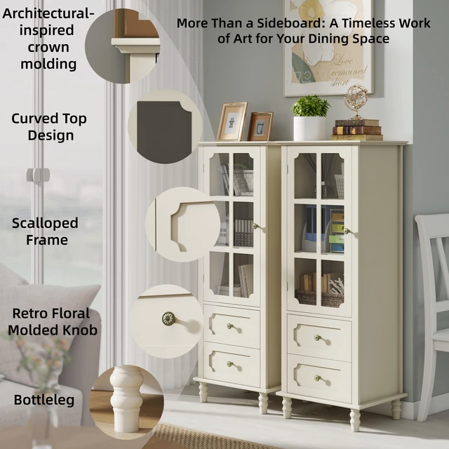 Alt view image 5 of 7 - Minimalism Buffet Cabinet with Glass Doors and Double Drawer, Modern Wooden Storage Sideboard Cupboard for Living room, Dining Room Hallway Entryway (Creamy White)
