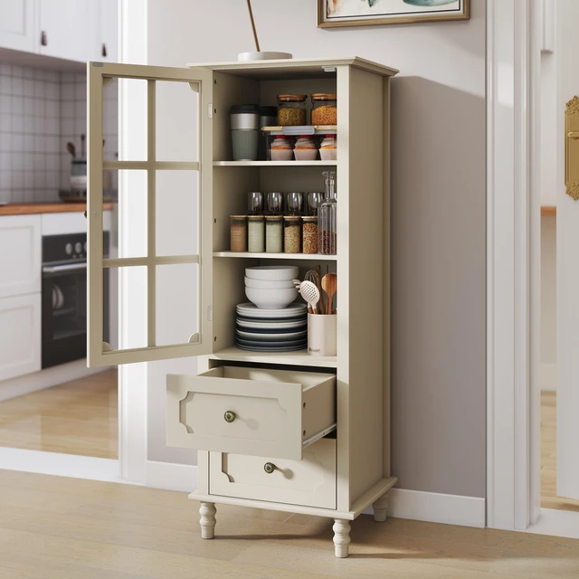 Alt view image 6 of 7 - Minimalism Buffet Cabinet with Glass Doors and Double Drawer, Modern Wooden Storage Sideboard Cupboard for Living room, Dining Room Hallway Entryway (Creamy White)