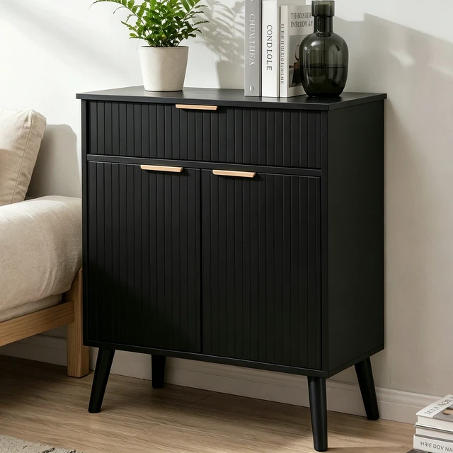 Alt view image 4 of 7 - Kitchen Storage Cabinet, Adjustable Shelves , Storage with 1 Drawers and 2 Doors, Cabinet with Solid Wood Feet,Floor Sideboard Buffet for Living Room, Living Room, Kitchen, Entryway,(BLACK)