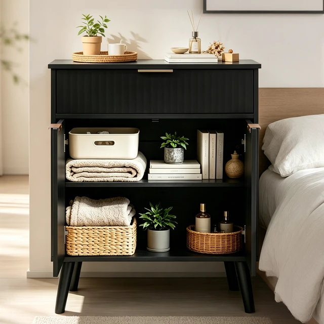 Alt view image 6 of 7 - Kitchen Storage Cabinet, Adjustable Shelves , Storage with 1 Drawers and 2 Doors, Cabinet with Solid Wood Feet,Floor Sideboard Buffet for Living Room, Living Room, Kitchen, Entryway,(BLACK)