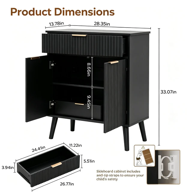 Alt view image 2 of 7 - Kitchen Storage Cabinet, Adjustable Shelves , Storage with 1 Drawers and 2 Doors, Cabinet with Solid Wood Feet,Floor Sideboard Buffet for Living Room, Living Room, Kitchen, Entryway,(BLACK)
