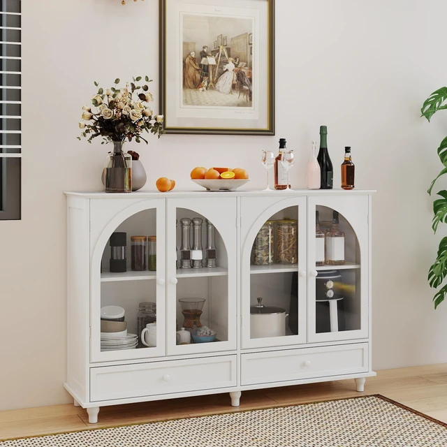 Main image of White Arched Glass Sideboard Buffet Cabinet, 2 Drawers & 4 Glass Doors Storage Credenza, Display Cabinet with Adjustable Shelves, Modern Kitchen Cupboard for Dining Room Living Room Entryway