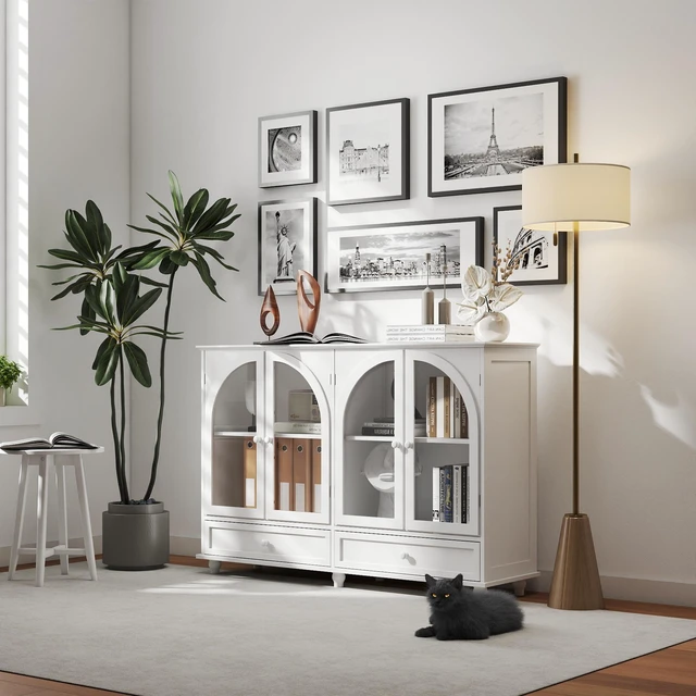 Alt view image 3 of 7 - White Arched Glass Sideboard Buffet Cabinet, 2 Drawers & 4 Glass Doors Storage Credenza, Display Cabinet with Adjustable Shelves, Modern Kitchen Cupboard for Dining Room Living Room Entryway