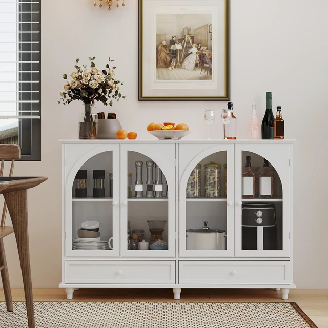 Alt view image 4 of 7 - White Arched Glass Sideboard Buffet Cabinet, 2 Drawers & 4 Glass Doors Storage Credenza, Display Cabinet with Adjustable Shelves, Modern Kitchen Cupboard for Dining Room Living Room Entryway