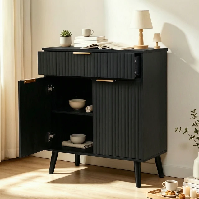 Alt view image 5 of 7 - Kitchen Storage Cabinet, Adjustable Shelves , Storage with 1 Drawers and 2 Doors, Cabinet with Solid Wood Feet,Floor Sideboard Buffet for Living Room, Living Room, Kitchen, Entryway,(BLACK)