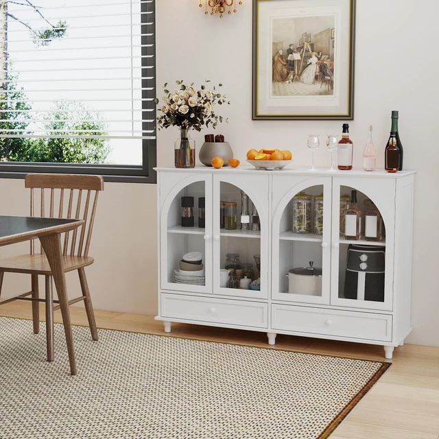 Alt view image 2 of 7 - White Arched Glass Sideboard Buffet Cabinet, 2 Drawers & 4 Glass Doors Storage Credenza, Display Cabinet with Adjustable Shelves, Modern Kitchen Cupboard for Dining Room Living Room Entryway