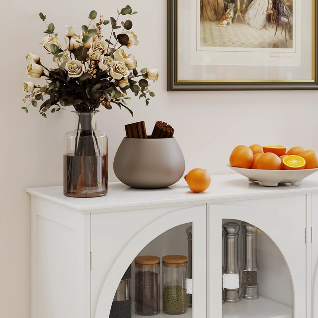 Alt view image 5 of 7 - White Arched Glass Sideboard Buffet Cabinet, 2 Drawers & 4 Glass Doors Storage Credenza, Display Cabinet with Adjustable Shelves, Modern Kitchen Cupboard for Dining Room Living Room Entryway