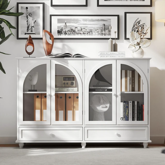 Alt view image 6 of 7 - White Arched Glass Sideboard Buffet Cabinet, 2 Drawers & 4 Glass Doors Storage Credenza, Display Cabinet with Adjustable Shelves, Modern Kitchen Cupboard for Dining Room Living Room Entryway