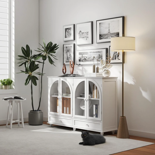 Alt view image 7 of 7 - White Arched Glass Sideboard Buffet Cabinet, 2 Drawers & 4 Glass Doors Storage Credenza, Display Cabinet with Adjustable Shelves, Modern Kitchen Cupboard for Dining Room Living Room Entryway