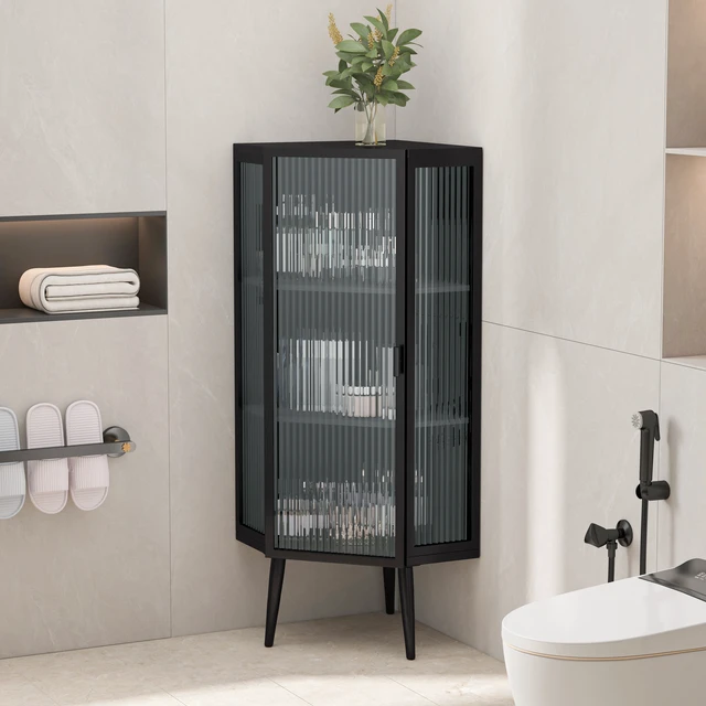 Alt view image 2 of 7 - 22.25'' Floor Coner Cabinet,Three Tiers with Tempered Glass Doors and Storage Shelves for Bathroom, Living Room and Bedroom (Black)(same sku:W757P180792)