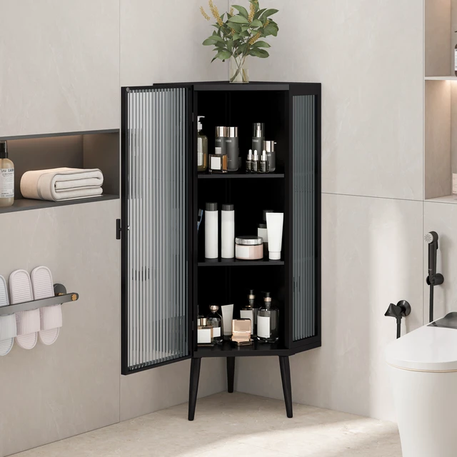 Alt view image 3 of 7 - 22.25'' Floor Coner Cabinet,Three Tiers with Tempered Glass Doors and Storage Shelves for Bathroom, Living Room and Bedroom (Black)(same sku:W757P180792)