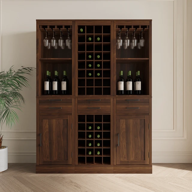 Alt view image 4 of 7 - Brown walnut color modular wine bar Cabinet with Storage Shelves with Hutch for Dining Room