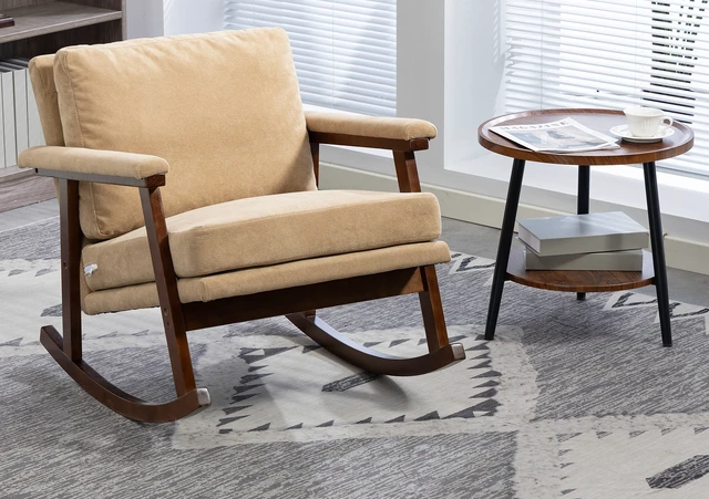 Alt view image 3 of 3 - Mid Century Modern Accent Chair ,rocking chair with Solid Wood Frame, Upholstered Living Room Chairs , Reading Armchair for Bedroom Sunroom