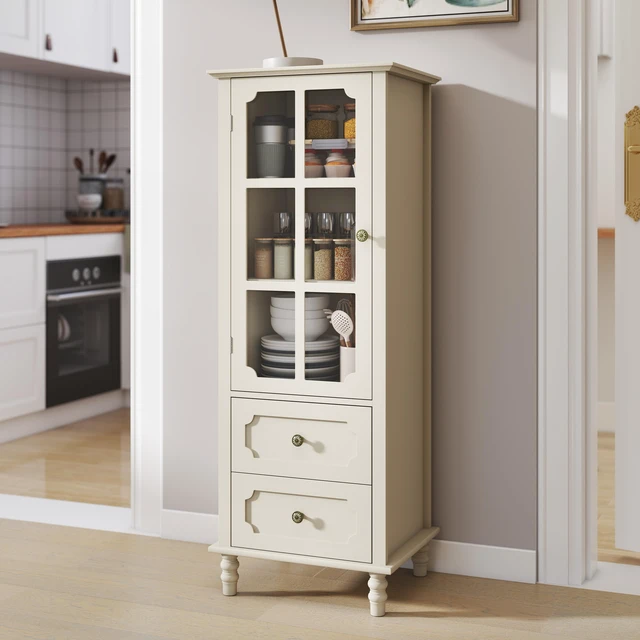 Alt view image 2 of 7 - Minimalism Buffet Cabinet with Glass Doors and Double Drawer, Modern Wooden Storage Sideboard Cupboard for Living room, Dining Room Hallway Entryway (Creamy White)