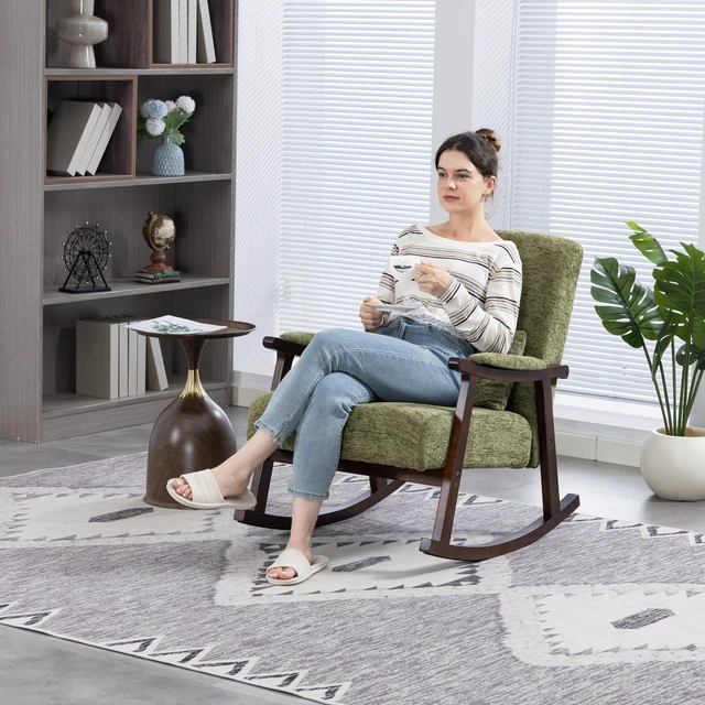 Alt view image 3 of 6 - Mid Century Modern Accent Chair rocking chair with Solid Wood Frame, Upholstered Living Room Chair, Reading Armchair for Bedroom Sunroom