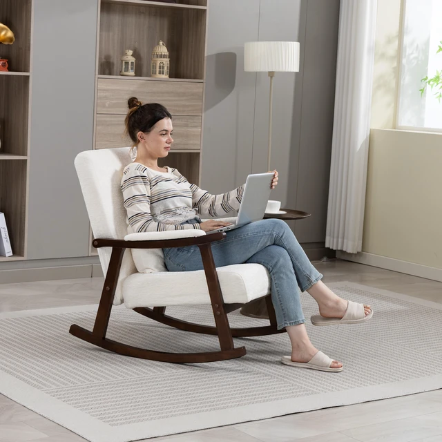 Alt view image 5 of 6 - Mid Century Modern Accent Chair rocking chair with Solid Wood Frame, Upholstered Living Room Chairs, Reading Armchair for Bedroom Sunroom