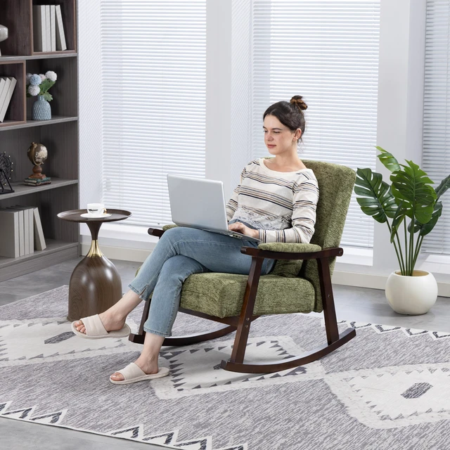 Alt view image 5 of 6 - Mid Century Modern Accent Chair rocking chair with Solid Wood Frame, Upholstered Living Room Chair, Reading Armchair for Bedroom Sunroom
