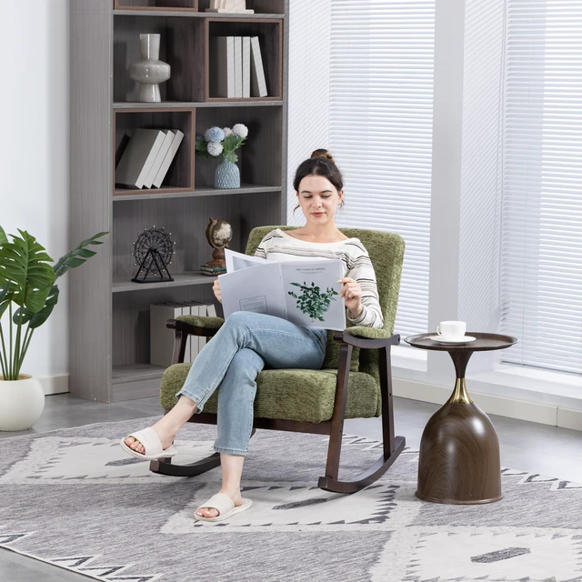 Alt view image 4 of 6 - Mid Century Modern Accent Chair rocking chair with Solid Wood Frame, Upholstered Living Room Chair, Reading Armchair for Bedroom Sunroom