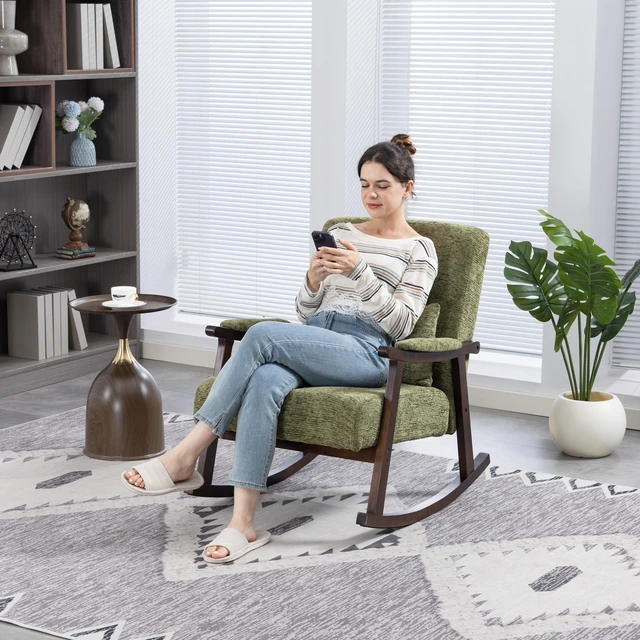 Alt view image 6 of 6 - Mid Century Modern Accent Chair rocking chair with Solid Wood Frame, Upholstered Living Room Chair, Reading Armchair for Bedroom Sunroom