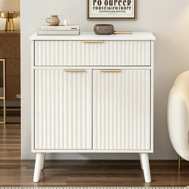Main image of Kitchen Storage Cabinet, Adjustable Shelves , Storage with 1 Drawers and 2 Doors, Cabinet with Solid Wood Feet,Floor Sideboard Buffet for Living Room, Living Room, Kitchen, Entryway,(WHITE)