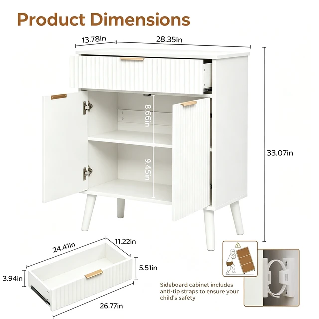Alt view image 2 of 7 - Kitchen Storage Cabinet, Adjustable Shelves , Storage with 1 Drawers and 2 Doors, Cabinet with Solid Wood Feet,Floor Sideboard Buffet for Living Room, Living Room, Kitchen, Entryway,(WHITE)