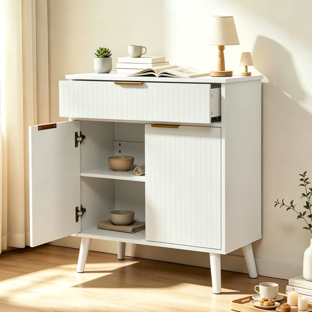Alt view image 6 of 7 - Kitchen Storage Cabinet, Adjustable Shelves , Storage with 1 Drawers and 2 Doors, Cabinet with Solid Wood Feet,Floor Sideboard Buffet for Living Room, Living Room, Kitchen, Entryway,(WHITE)