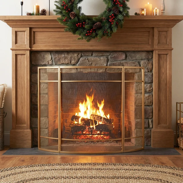 Alt view image 2 of 7 - Regina 1-Panel Curve Iron Fireplace Screen 38" x 32", Golden Finish
