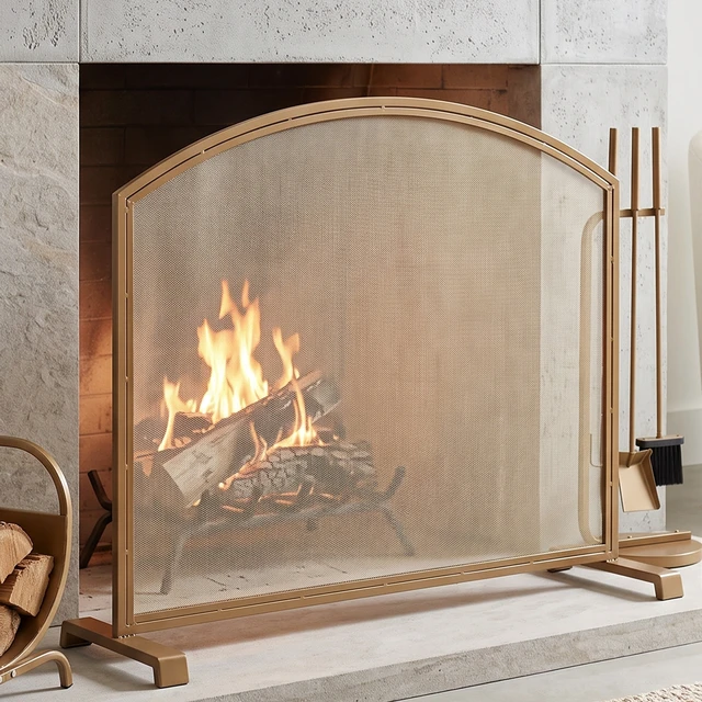 Alt view image 2 of 7 - Freestanding ArchedTop Gold Metal Fireplace Screen, Elegant Single Panel Spark Barrier for Indoor Wood Burning Fireplace, Screen Part Size 38" L x 31" H