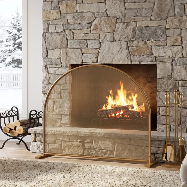 Alt view image 2 of 7 - Freestanding FullArch Top Gold Finish Metal Fireplace Screen, Single Panel Spark Barrier for Indoor Wood Burning Fireplace