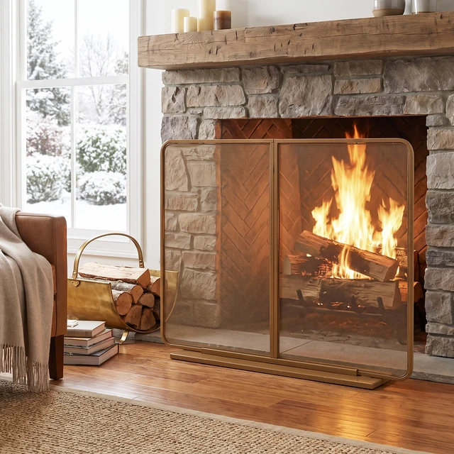 Main image of Gold TwoPanel Freestanding Fireplace Screen, 50" W × 35" H Iron Mesh Fire Spark Barrier for Home Indoor Fireplace
