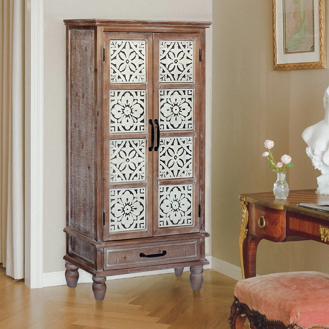 Alt view image 3 of 7 - 55.12'' Tall Tower Storage Cabinet - Rustic Wood Sideboard Pantry Cabinet - Versatile Buffet Cabinet with Storage for Home Decor and Organization chic cabinet with two doors and a drawer
