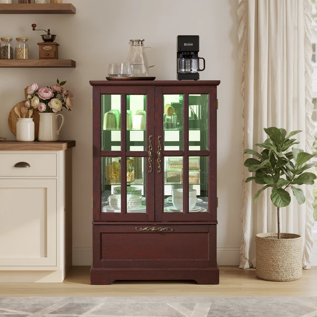 Alt view image 4 of 7 - Dark Cherry Display Cabinet with Full-Color RGB Light Strip and Flip-Top Drawer,Freestanding Storage Bookcase for Dining Room,Living Room,Bedroom and Entryway