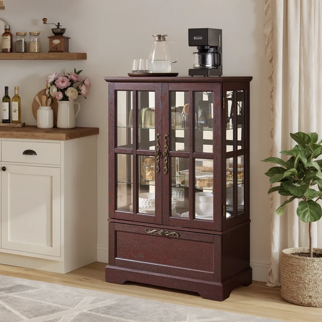 Alt view image 5 of 7 - Dark Cherry Display Cabinet with Full-Color RGB Light Strip and Flip-Top Drawer,Freestanding Storage Bookcase for Dining Room,Living Room,Bedroom and Entryway