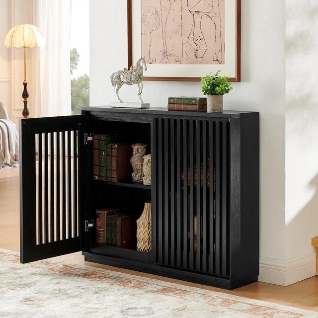 Alt view image 3 of 7 - Mid Century Modern Fluted Hollowed Out Sideboard Cabinet with 2 Outlet Holes, Buffet Cabinet with Storage, Black Storage Cabinet for Living Room, Entryway, Hallway, Dining Room, Kitchen