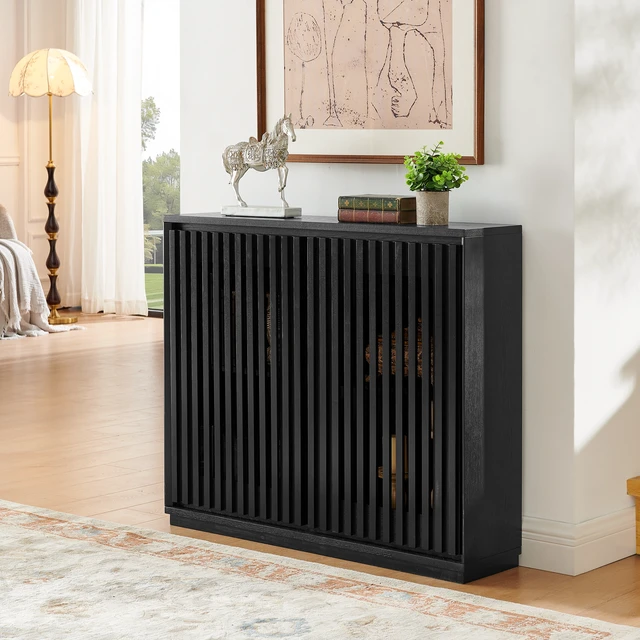 Alt view image 2 of 7 - Mid Century Modern Fluted Hollowed Out Sideboard Cabinet with 2 Outlet Holes, Buffet Cabinet with Storage, Black Storage Cabinet for Living Room, Entryway, Hallway, Dining Room, Kitchen