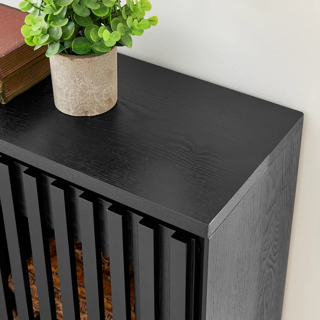 Alt view image 5 of 7 - Mid Century Modern Fluted Hollowed Out Sideboard Cabinet with 2 Outlet Holes, Buffet Cabinet with Storage, Black Storage Cabinet for Living Room, Entryway, Hallway, Dining Room, Kitchen
