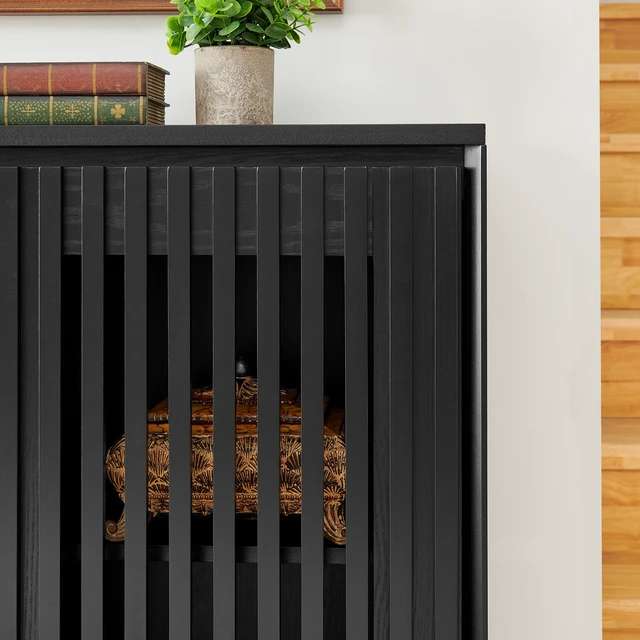 Alt view image 4 of 7 - Mid Century Modern Fluted Hollowed Out Sideboard Cabinet with 2 Outlet Holes, Buffet Cabinet with Storage, Black Storage Cabinet for Living Room, Entryway, Hallway, Dining Room, Kitchen
