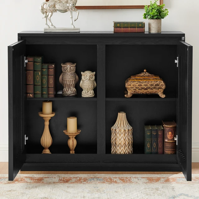 Alt view image 6 of 7 - Mid Century Modern Fluted Hollowed Out Sideboard Cabinet with 2 Outlet Holes, Buffet Cabinet with Storage, Black Storage Cabinet for Living Room, Entryway, Hallway, Dining Room, Kitchen